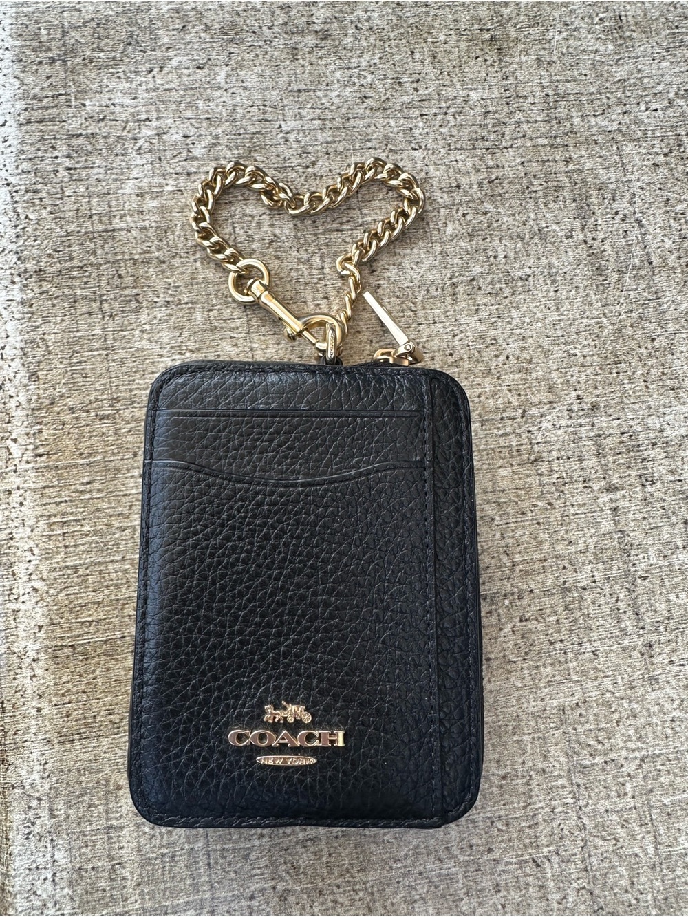 Coach Black Pebbled Leather Card Holder with Gold Chain Accent